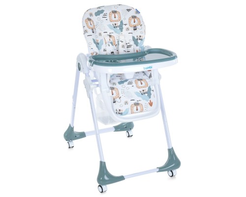 Стільчик M 3233 Lion King Teal для годування, 5 точ. ремені, столик висув., 4 колеса, бірюзовий.