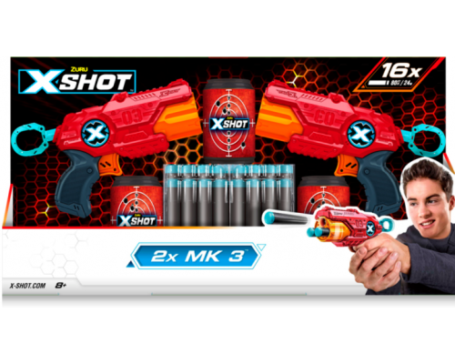 X-Shot Red Набір швидкострільних бластерів EXCEL MK 3 Double (2 бластира, 3 банки, 16 патронів), 36432R