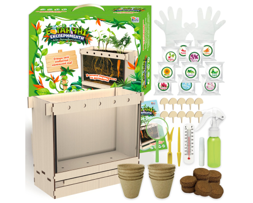 Ботанічні експерименти 70228 (6) "4FUN Game Club", ґрунт, бокс, рукавички, клей, садові інструменти, термометр, таблички, насіння, інструкція, в ко?