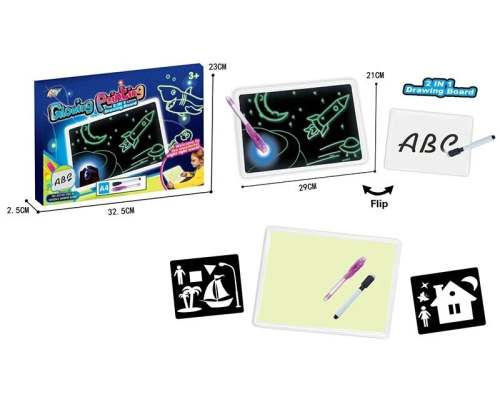 Дошка для малювання YM 993 (72/2) "Малюй світлом", двостороння дошка, маркер “пиши-витирай”, ручка-ліхтарик, в коробці