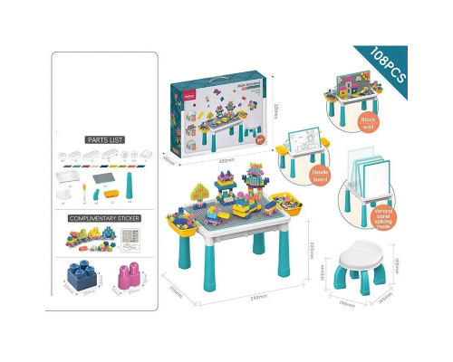 Столик з конструктором 10350 A-Q 03 B (18) 108 деталей, розмір столика:  59х31.5х28.5 см, стільчик, еластичні гумові деталі, дошка для малювання, маркер “п?