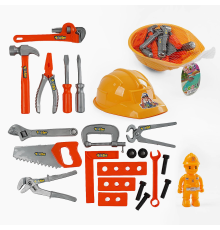 Набір інструментів 1399-15 (120/2) каска, фігурка ремонтувальника, викрутка, гайковий ключ, плоскогубці, молоток, пила, лінійка, в сітці