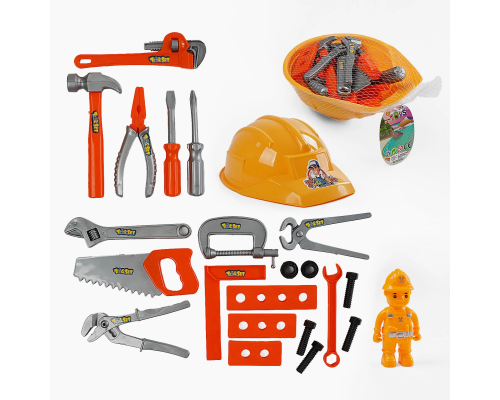 Набір інструментів 1399-15 (120/2) каска, фігурка ремонтувальника, викрутка, гайковий ключ, плоскогубці, молоток, пила, лінійка, в сітці