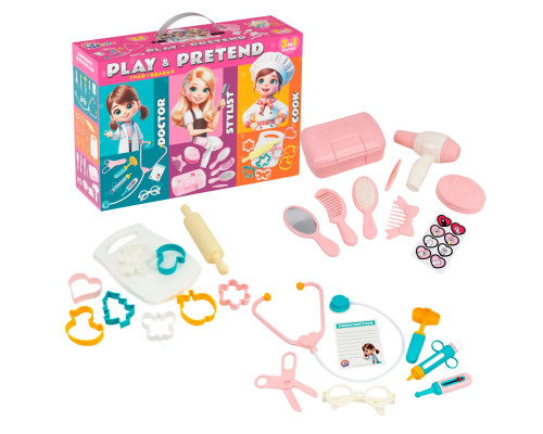 Подарунковий набір 2277 (5) "Technok Toys", 3 в 1, стетоскоп, термометр, бланк рецептів, качалка, формочки, фен, щітка, дзеркальце, в коробці