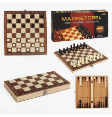Шахи магнітні C 61553 (48)  3в1, шашки, нарди, дерев’яна дошка 34х34 см, в коробці