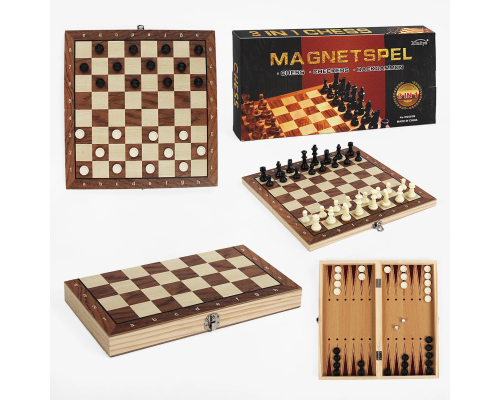 Шахи магнітні C 61553 (48)  3в1, шашки, нарди, дерев’яна дошка 34х34 см, в коробці