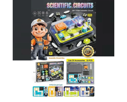 Електронний конструктор 77-53 K (24) 33 елементів, підсвічування, мелодія, 2 види перемикачів, 4 картки із прикладами, основа для збірки, в коробці