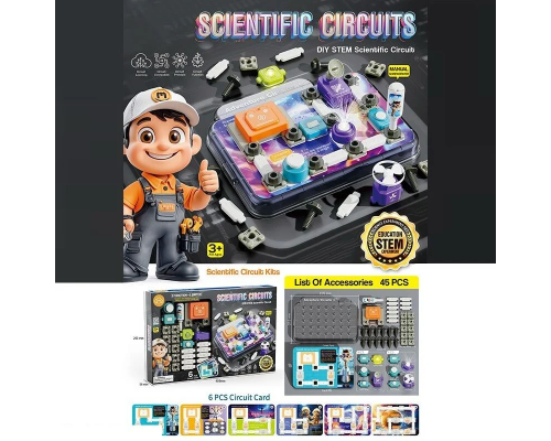 Електронний конструктор 77-54 K (24) 45 елементів, підсвічування, радар, 3 види перемикачів, 6 карток із прикладами, основа для збірки, в коробці