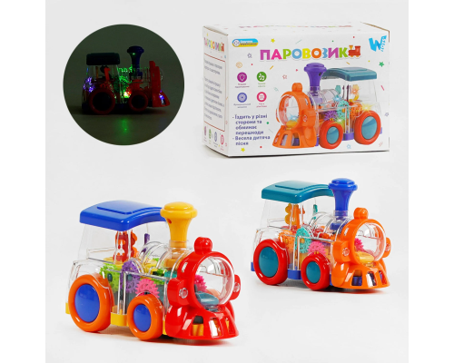 Паровозик ТК 52136 (48) "WToys", 2 кольори, ОЗВУЧУВАННЯ УКРАЇНСЬКОЮ МОВОЮ, звук, підсвічування, шестерні, колесо вільного ходу, в коробці