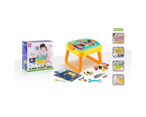 Ігровий столик 835 (18) мозаїка, дошка пиши-витирай, болтики, викрутка, геометричний сортер, пазл, годинник, цифри й математичні знаки, в коробц?