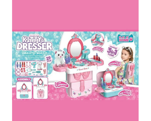 Трюмо 661-3003 (18) пластиковий рюкзачок, ремінці, муляж косметики, аксесуари, м’яка іграшка - котик,  в коробців коробці