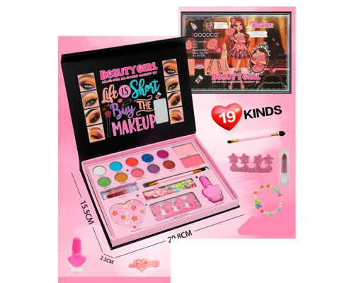 Косметика IG3248 тіні, рум'яна, пензлики, помада, набір для манікюру(лак, розділювач д/пальців) кор.