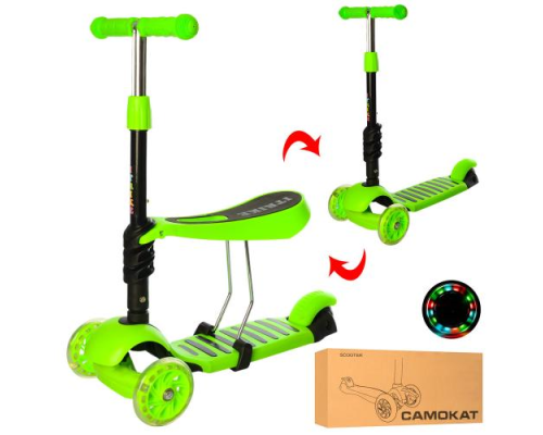 Самокат JR 3-054-G MAXI, 3в1(біговел), сталь+плас., кол.3шт.ПВХ, 2пер.118мм-світ.,кошик,зелений,кор.