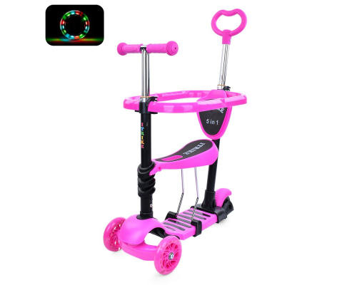 Самокат JR 3-103-P MAXI, 5в1(біговел),сталь+пласт,3кол,2 пер.ПУ116мм,світ,заднє 100мм,підніжка,рожев