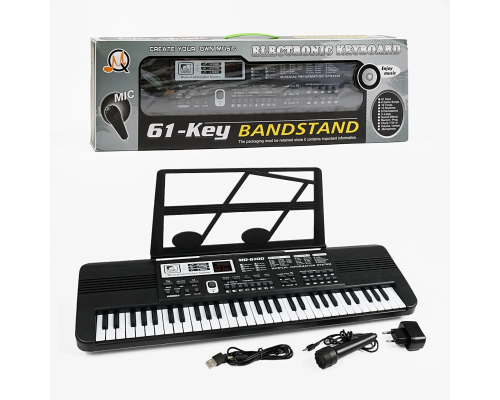 Синтезатор MQ 6100, 61 клавіша, мікрофон, регулювання гучності, дисплей, мелодії, запис та відтворення звуків, працює від мережі та батарейок, USB-