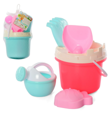 Набір для пісочниці 295-2 відро, лопатка, граблі, лійка, формочка, 2 кольори, сітка, 21-15-14 см.