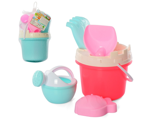 Набір для пісочниці 295-2 відро, лопатка, граблі, лійка, формочка, 2 кольори, сітка, 21-15-14 см.