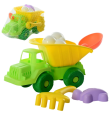 Набір для пісочниці HG-861 машинка, граблі, лопатка, формочки, сітка, 25-14-14 см.