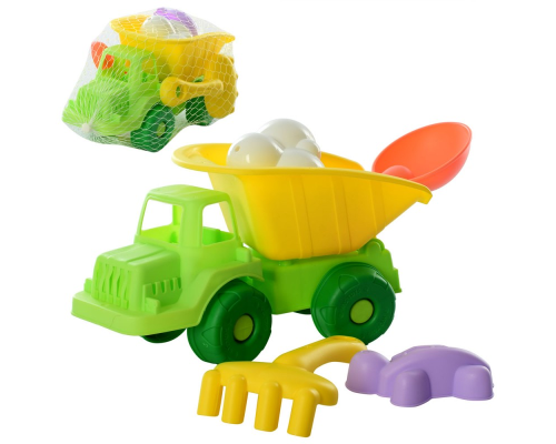 Набір для пісочниці HG-861 машинка, граблі, лопатка, формочки, сітка, 25-14-14 см.
