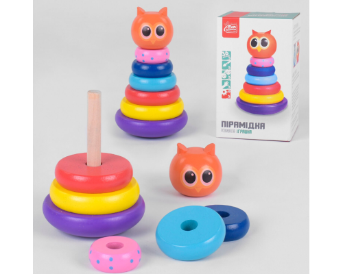 Дерев'яна пірамідка 91552 (24) "Fun Game", "Сова", неваляшка, 5 кілець, в коробці