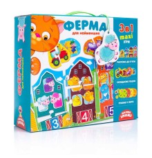 гр Великий розвиваючий набір 3 в 1 ""Ферма"" (укр) VT 2901-03 (20) ""Vladi Toys"", 12 елементів пазла, 4 ігрові поля, фішки, в коробці