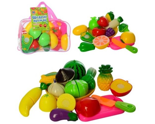 Фрукти 2018А овочі, на липучці, тарілка, дощечка, ніж, 2 види, сумка, 22-14-7 см.