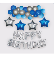 Арка-гірлянда з повітряних куль з написом "Happy Birthday" блакитна зі сріблом