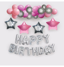 Арка-гірлянда з повітряних куль з написом "Happy Birthday" рожева зі сріблом