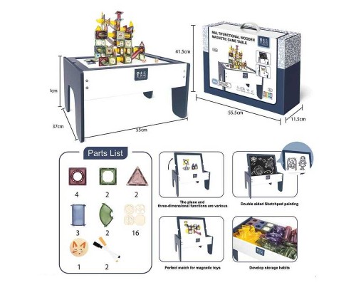 Конструктор магнітний XC-B 13 (4) 30 деталей, тунелі, кулька, дерев’яний стіл 55х37х23 см, двостороння дошка для малювання, маркери, в коробці