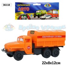 Машина инерц 36118 (48шт/2)УРАЛ "Аварійна"батар.,об'явл.двері,звук,світло фар,знімний тент,в пакеті 22*8*12см