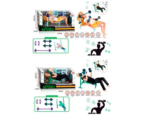 Лялька 29см, шарнірна, лава тренувальна, гантелі, 2 види(спортсмен/спортсменка), в кор-ці, 30-15,5-13,5см /28/