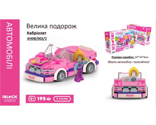 Конструктор Kids hits IBLOCK JUNIOR  Дівчатка, Кабріолет Велика подорож,195 дет, кор. 24*16*6см KH08/002/1