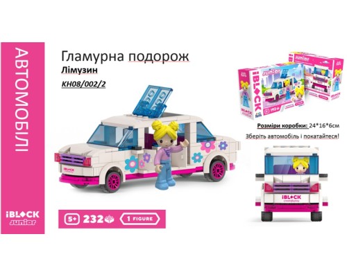 Конструктор Kids hits IBLOCK JUNIOR  Дівчатка, Гламурна поїздка Лімузин, 232 дет, кор. 24*16*6см KH08/002/2